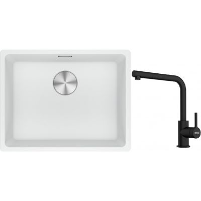 Franke Maris MRG 110-52 zlewozmywak 52x40 cm Fragranite biały polarny z baterią kuchenną Lina czarny mat (1250687255, 1150712435)