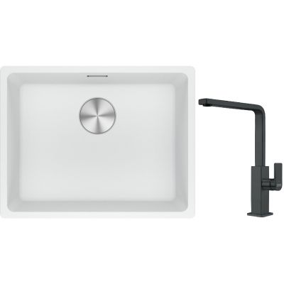 Franke Maris MRG 110-52 zlewozmywak 52x40 cm Fragranite biały polarny z baterią kuchenną Mythos czarna stal szlachetna (1250687255, 1150550441)