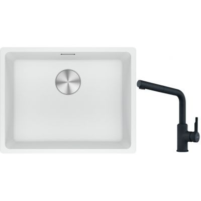 Franke Maris MRG 110-52 zlewozmywak 52x40 cm Fragranite biały polarny z baterią kuchenną Urban czarny mat (1250687255, 1150627523)