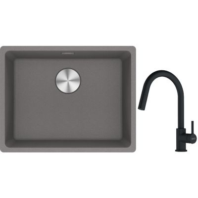 Franke Maris MRG 110-52 zlewozmywak 55x43 cm Fragranite kamienny szary z baterią kuchenną Lina czarny mat (1250687254, 1150626053)