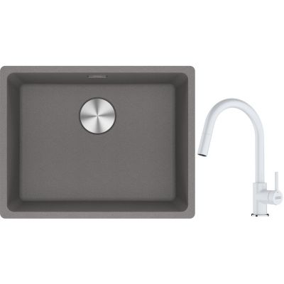 Franke Maris MRG 110-52 zlewozmywak 55x43 cm Fragranite kamienny szary z baterią kuchenną Lina biały polarny (1250687254, 1150626081)