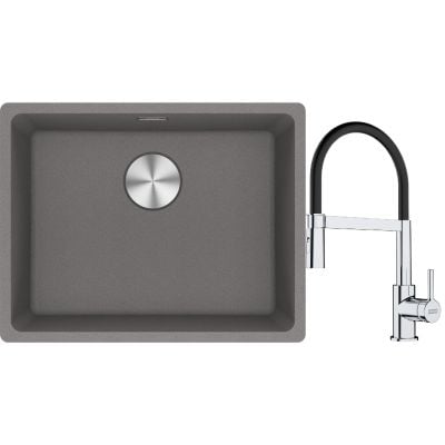 Franke Maris MRG 110-52 zlewozmywak 55x43 cm Fragranite kamienny szary z baterią kuchenną Lina chrom/czarny (1250687254, 1150626085)