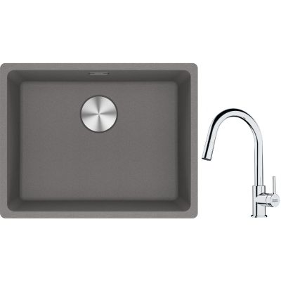 Franke Maris MRG 110-52 zlewozmywak 55x43 cm Fragranite kamienny szary z baterią kuchenną Lina chrom (1250687254, 1150693229)