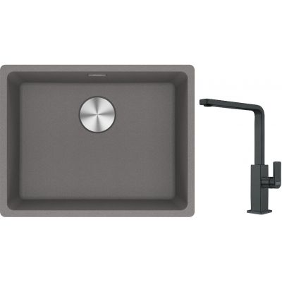 Franke Maris MRG 110-52 zlewozmywak 55x43 cm Fragranite kamienny szary z baterią kuchenną Mythos czarna stal szlachetna (1250687254, 1150550441)