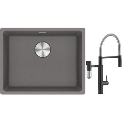 Franke Maris MRG 110-52 zlewozmywak 55x43 cm Fragranite kamienny szary z baterią kuchenną Vital Semi-Pro czarny mat/stal (1250687254, 1200621313)