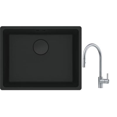 Franke Maris MRG 110-52 zlewozmywak 52x40 cm Fragranite czarny mat z baterią kuchenną Eos stal szlachetna (1250697759, 1150590045)