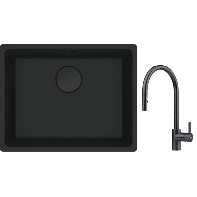 Franke Maris MRG 110-52 zlewozmywak 52x40 cm Fragranite czarny mat z baterią kuchenną Eos czarna stal szlachetna (1250697759, 1150613671)