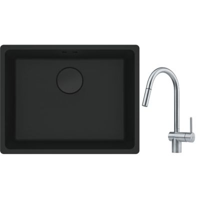 Franke Maris MRG 110-52 zlewozmywak 52x40 cm Fragranite czarny mat z baterią kuchenną Leda Neo stal szlachetna (1250697759, 1150590047)