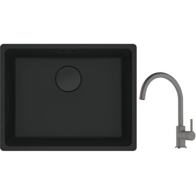 Franke Maris MRG 110-52 zlewozmywak 52x40 cm Fragranite czarny mat z baterią kuchenną Lina kamienny szary (1250697759, 1150626022)