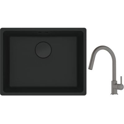 Franke Maris MRG 110-52 zlewozmywak 52x40 cm Fragranite czarny mat z baterią kuchenną Lina kamienny szary (1250697759, 1150626057)