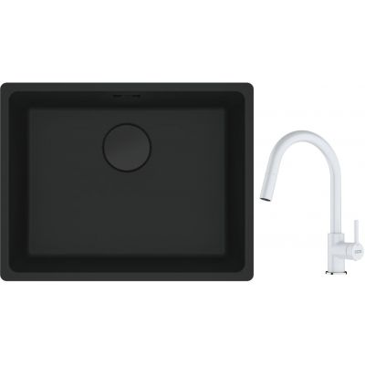 Franke Maris MRG 110-52 zlewozmywak 52x40 cm Fragranite czarny mat z baterią kuchenną Lina biały polarny (1250697759, 1150626081)