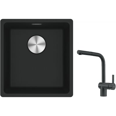 Franke Maris MRG 110-37 zlewozmywak 40x37 cm Fragranite czarny mat z baterią kuchenną Atlas czarna stal szlachetna (1250687248, 1150550427)