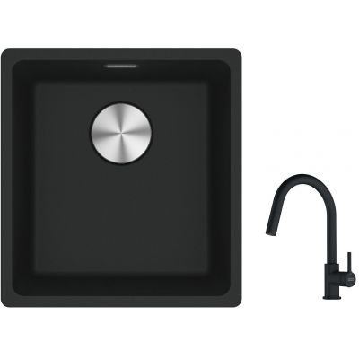 Franke Maris MRG 110-37 zlewozmywak 40x37 cm Fragranite czarny mat z baterią kuchenną Lina czarny mat (1250687248, 1150626053)