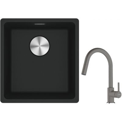 Franke Maris MRG 110-37 zlewozmywak 40x37 cm Fragranite czarny mat z baterią kuchenną Lina kamienny szary (1250687248, 1150626057)