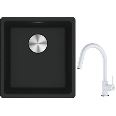 Franke Maris MRG 110-37 zlewozmywak 40x37 cm Fragranite czarny mat z baterią kuchenną Lina biały polarny (1250687248, 1150626081)