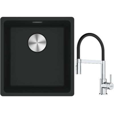 Franke Maris MRG 110-37 zlewozmywak 40x37 cm Fragranite czarny mat z baterią kuchenną Lina chrom/czarny (1250687248, 1150626085)