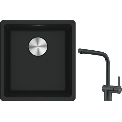Franke Maris MRG 110-37 zlewozmywak 40x37 cm Fragranite onyx z baterią kuchenną Atlas czarna stal szlachetna (1250687249, 1150550427)