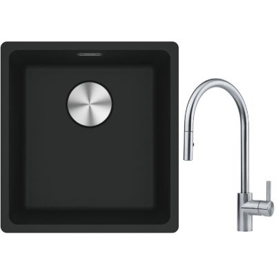 Franke Maris MRG 110-37 zlewozmywak 40x37 cm Fragranite onyx z baterią kuchenną Eos stal szlachetna (1250687249, 1150590045)