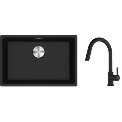 Franke Maris MRG 110-62 zlewozmywak 62x40 cm Fragranite onyx z baterią kuchenną Lina czarny mat (1250687257, 1150626053)