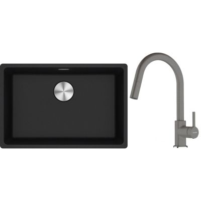 Franke Maris MRG 110-62 zlewozmywak 62x40 cm Fragranite onyx z baterią kuchenną Lina kamienny szary (1250687257, 1150626057)