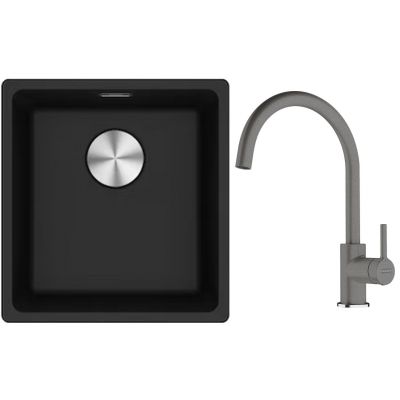 Franke Maris MRG 110-37 zlewozmywak 40x37 cm Fragranite onyx z baterią kuchenną Lina kamienny szary (1250687249, 1150626022)