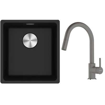 Franke Maris MRG 110-37 zlewozmywak 40x37 cm Fragranite onyx z baterią kuchenną Lina kamienny szary (1250687249, 1150626057)