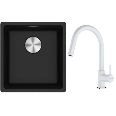 Franke Maris MRG 110-37 zlewozmywak 40x37 cm Fragranite onyx z baterią kuchenną Lina biały polarny (1250687249, 1150626081)