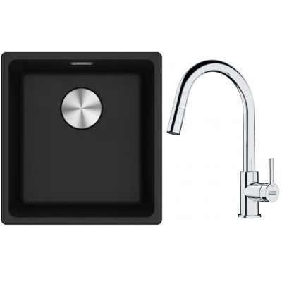 Franke Maris MRG 110-37 zlewozmywak 40x37 cm Fragranite onyx z baterią kuchenną Lina chrom (1250687249, 1150693229)