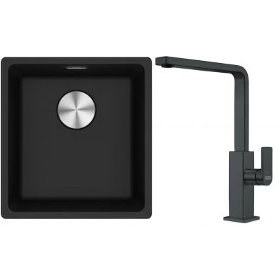 Franke Maris MRG 110-37 zlewozmywak 40x37 cm Fragranite onyx z baterią kuchenną Mythos czarna stal szlachetna (1250687249, 1150550441)