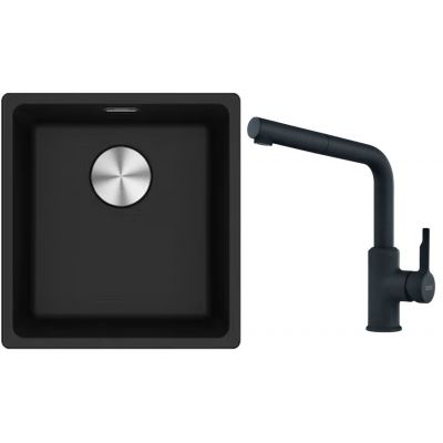 Franke Maris MRG 110-37 zlewozmywak 40x37 cm Fragranite onyx z baterią kuchenną Urban czarny mat (1250687249, 1150627523)