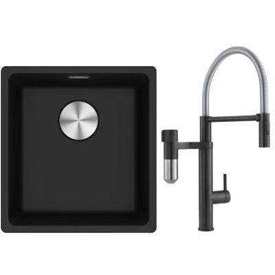 Franke Maris MRG 110-37 zlewozmywak 40x37 cm Fragranite onyx z baterią kuchenną Vital Semi-Pro czarny mat/stal (1250687249, 1200621313)