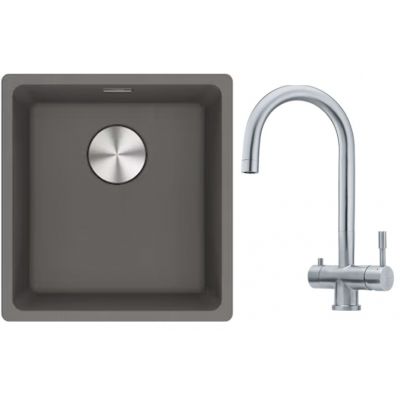 Franke Maris MRG 110-37 zlewozmywak 40x37 cm Fragranite kamienny szary z baterią kuchenną Eos stal szlachetna (1250687250, 1200179979)