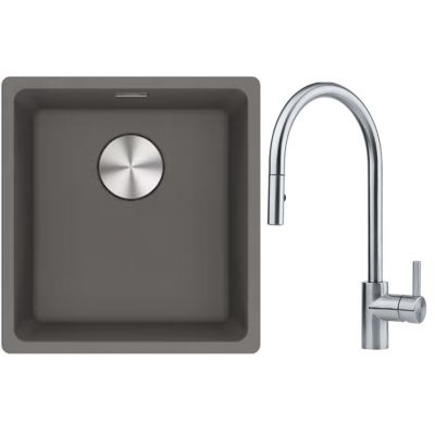 Franke Maris MRG 110-37 zlewozmywak 40x37 cm Fragranite kamienny szary z baterią kuchenną Eos stal szlachetna (1250687250, 1150590045)