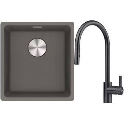 Franke Maris MRG 110-37 zlewozmywak 40x37 cm Fragranite kamienny szary z baterią kuchenną Eos czarna stal szlachetna (1250687250, 1150613671)