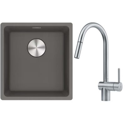 Franke Maris MRG 110-37 zlewozmywak 40x37 cm Fragranite kamienny szary z baterią kuchenną Leda Neo stal szlachetna (1250687250, 1150590047)