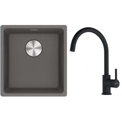 Franke Maris MRG 110-37 zlewozmywak 40x37 cm Fragranite kamienny szary z baterią kuchenną Lina onyx (1250687250, 1150626020)