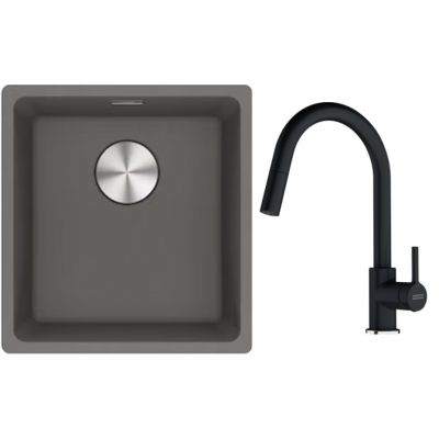 Franke Maris MRG 110-37 zlewozmywak 40x37 cm Fragranite kamienny szary z baterią kuchenną Lina onyx (1250687250, 1150626055)
