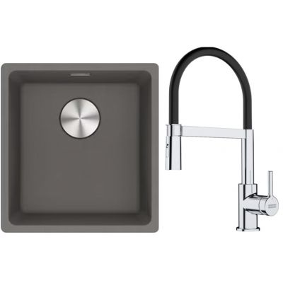 Franke Maris MRG 110-37 zlewozmywak 40x37 cm Fragranite kamienny szary z baterią kuchenną Lina chrom/czarny (1250687250, 1150626085)