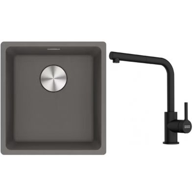 Franke Maris MRG 110-37 zlewozmywak 40x37 cm Fragranite kamienny szary z baterią kuchenną Lina czarny mat (1250687250, 1150712435)