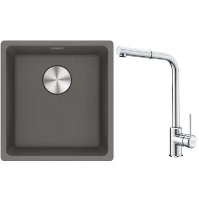 Franke Maris MRG 110-37 zlewozmywak 40x37 cm Fragranite kamienny szary z baterią kuchenną Sirius Side chrom (1250687250, 1150668280)