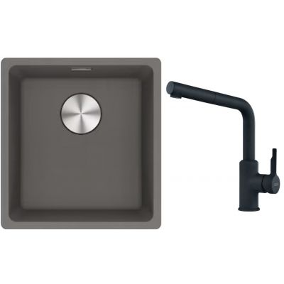 Franke Maris MRG 110-37 zlewozmywak 40x37 cm Fragranite kamienny szary z baterią kuchenną Urban czarny mat (1250687250, 1150627523)