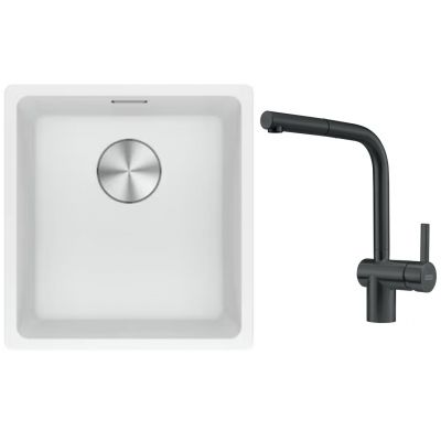 Franke Maris MRG 110-37 zlewozmywak 40x37 cm Fragranite biały polarny z baterią kuchenną Atlas czarna stal szlachetna (1250687251, 1150550427)