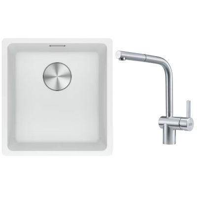 Franke Maris MRG 110-37 zlewozmywak 40x37 cm Fragranite biały polarny z baterią kuchenną Atlas stal szlachetna (1250687251, 1150521439)