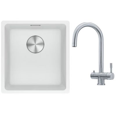 Franke Maris MRG 110-37 zlewozmywak 40x37 cm Fragranite biały polarny z baterią kuchenną Eos stal szlachetna (1250687251, 1200179979)