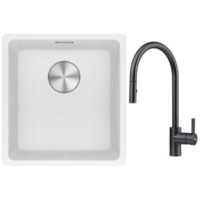 Franke Maris MRG 110-37 zlewozmywak 40x37 cm Fragranite biały polarny z baterią kuchenną Eos czarna stal szlachetna (1250687251, 1150613671)