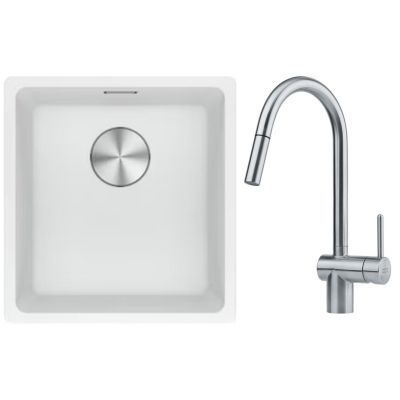 Franke Maris MRG 110-37 zlewozmywak 40x37 cm Fragranite biały polarny z baterią kuchenną Leda Neo stal szlachetna (1250687251, 1150590047)