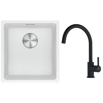 Franke Maris MRG 110-37 zlewozmywak 40x37 cm Fragranite biały polarny z baterią kuchenną Lina czarny mat (1250687251, 1150626019)