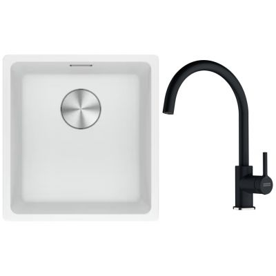 Franke Maris MRG 110-37 zlewozmywak 40x37 cm Fragranite biały polarny z baterią kuchenną Lina onyx (1250687251, 1150626020)