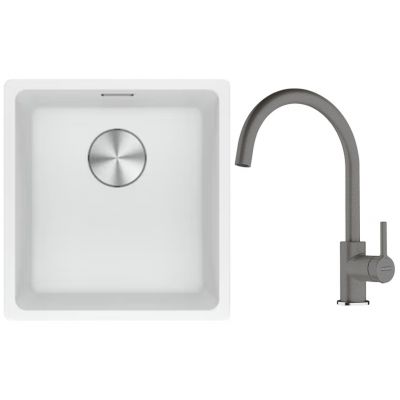 Franke Maris MRG 110-37 zlewozmywak 40x37 cm Fragranite biały polarny z baterią kuchenną Lina kamienny szary (1250687251, 1150626022)