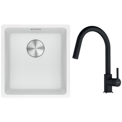 Franke Maris MRG 110-37 zlewozmywak 40x37 cm Fragranite biały polarny z baterią kuchenną Lina onyx (1250687251, 1150626055)